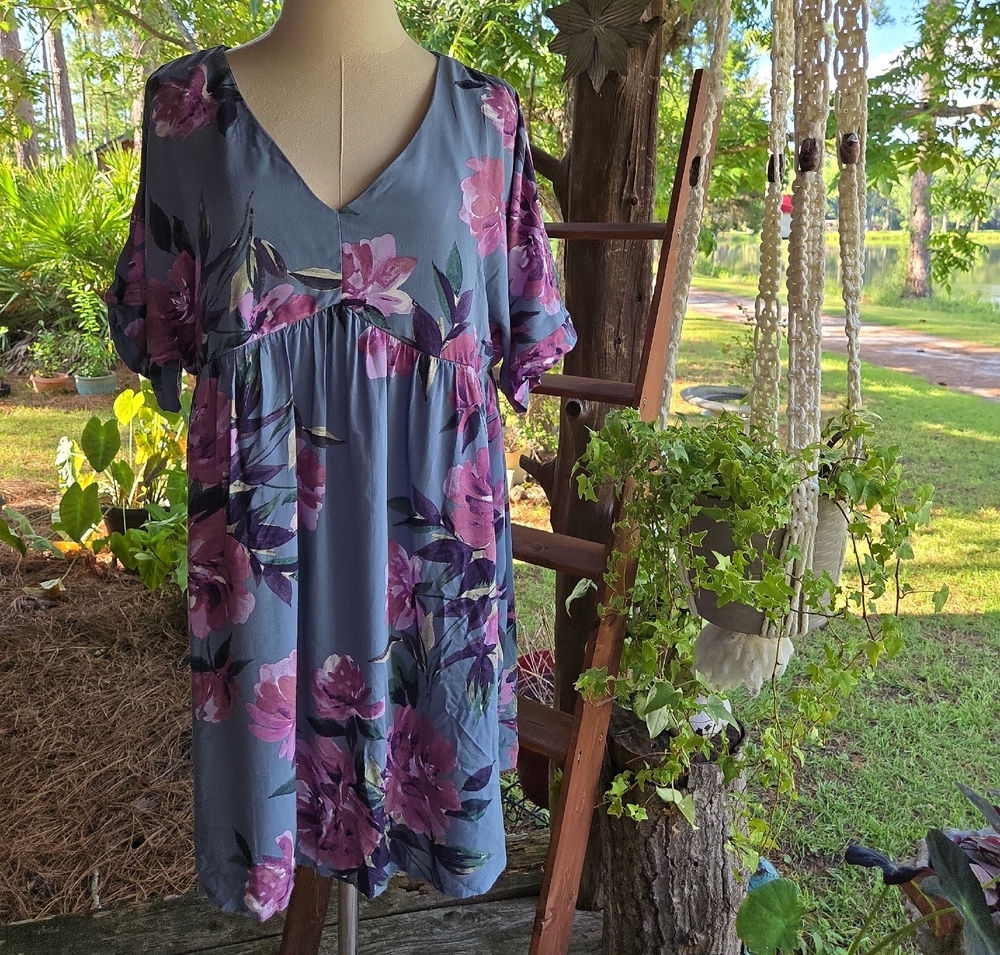 Emily Wonder Slate Blue Floral Baby Doll Dress Size Large
